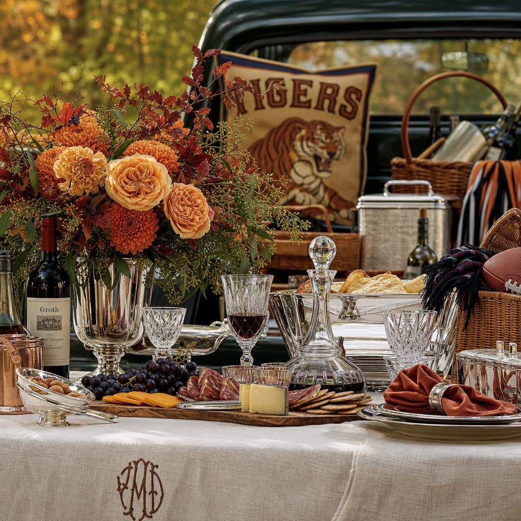 A formal Southern tailgate table laid with flowers, silverware, glassware, and linen