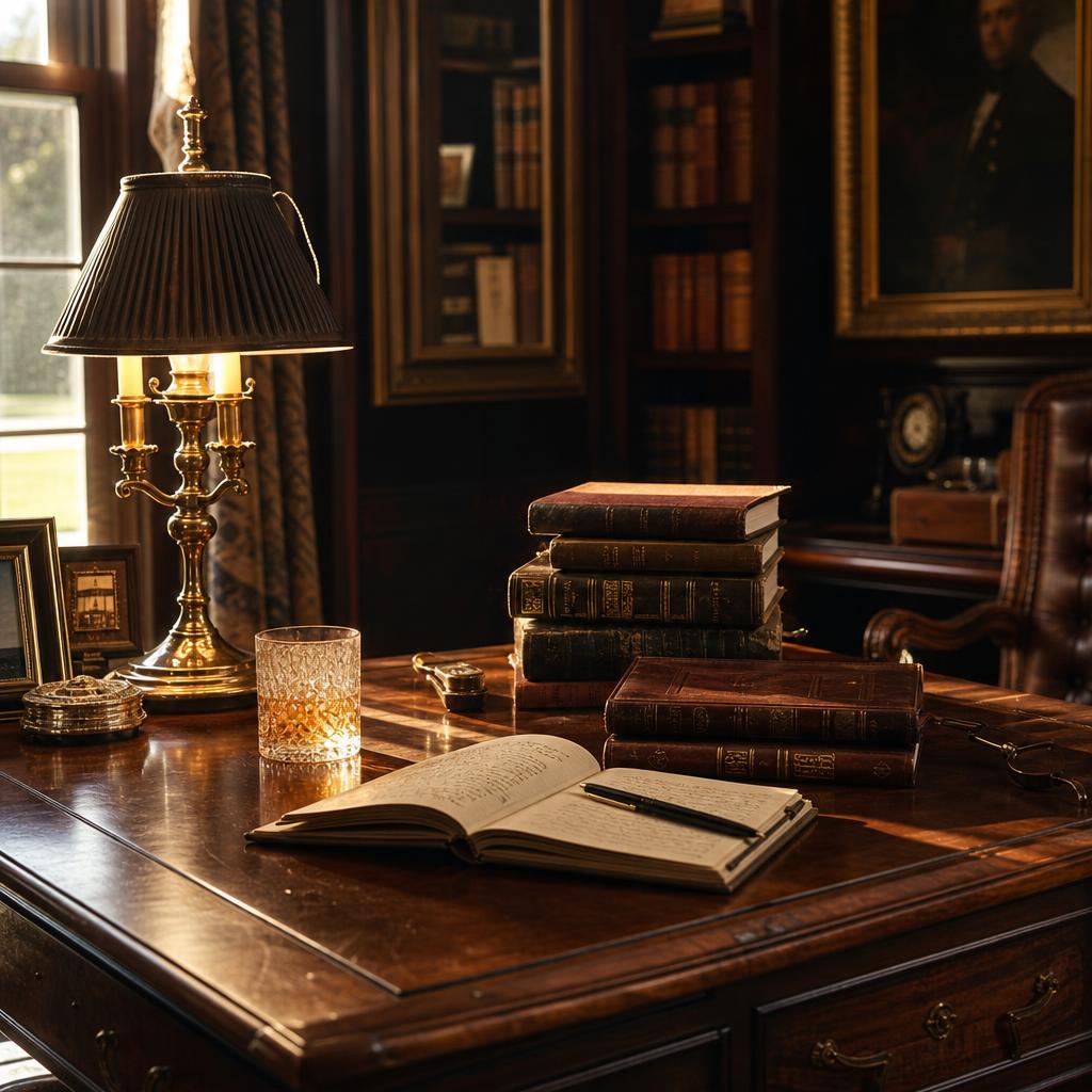 A dark walnut library with brass lighting and collected furnishings