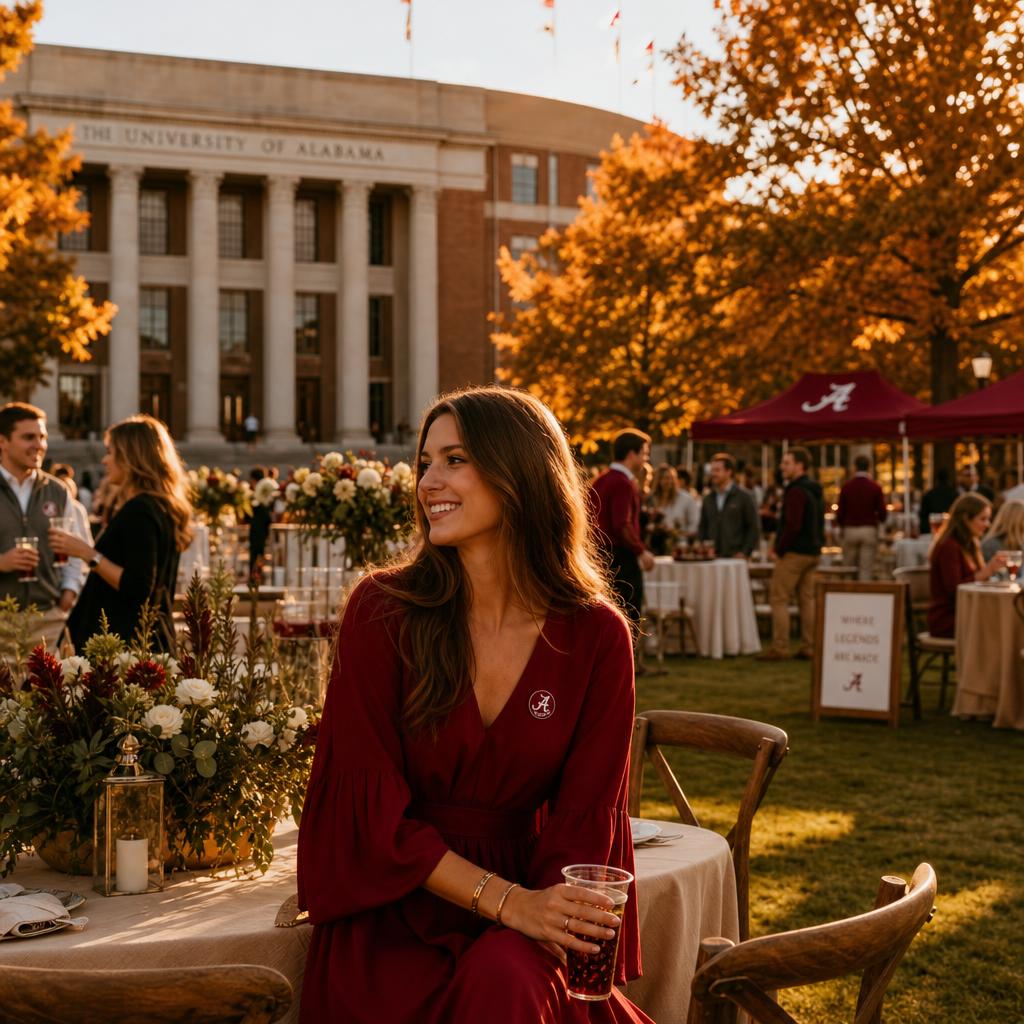 Guests gathering beneath mature trees on a Southern lawn at golden hour