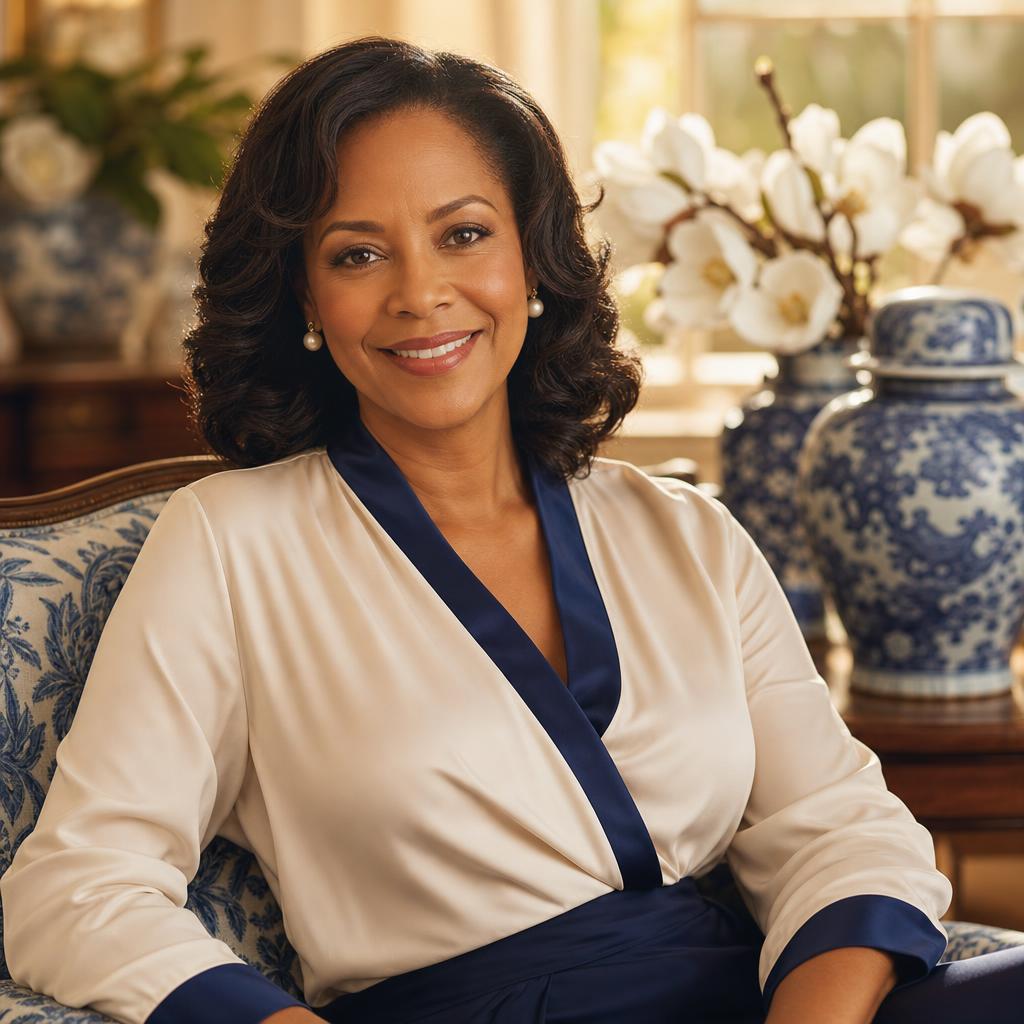 A member of the Society at home — cream silk with a navy shawl collar, pearls, magnolias, and blue-and-white porcelain