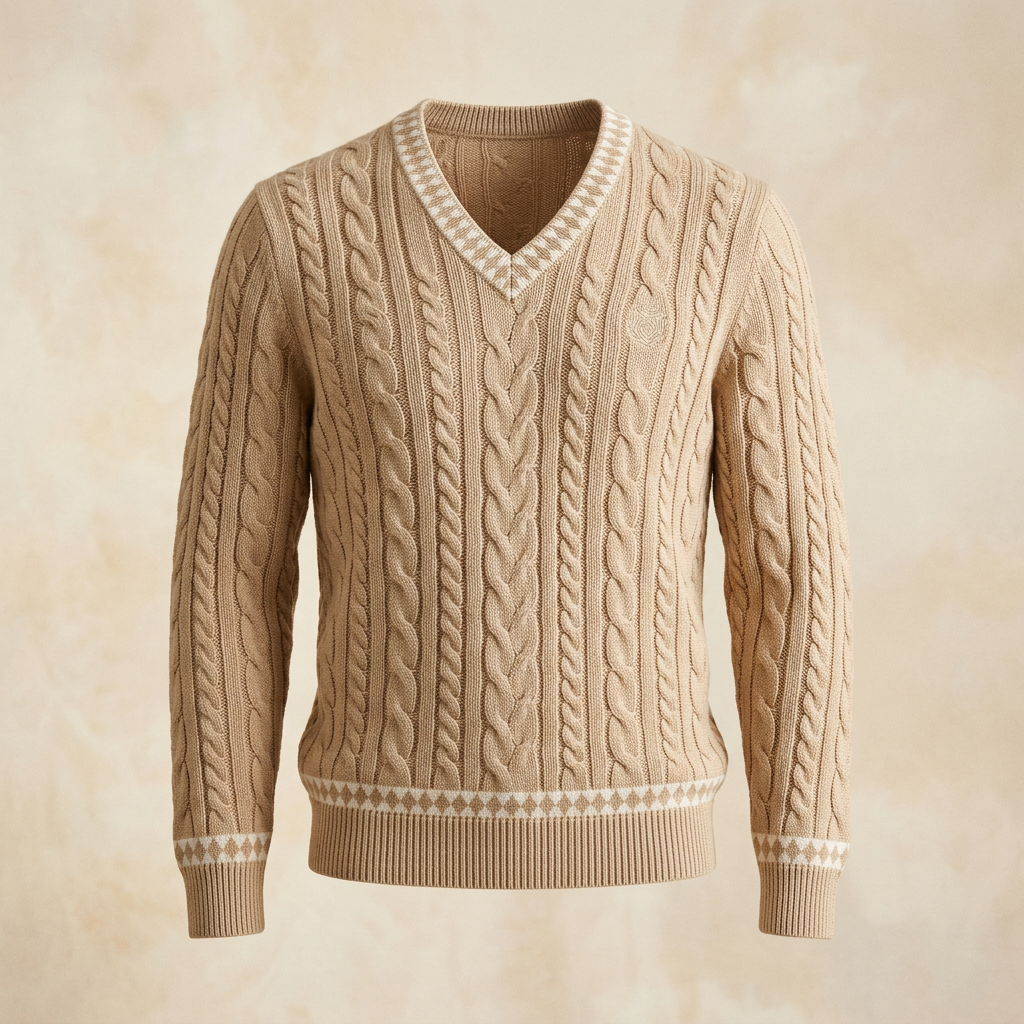 The Cable V-Neck in McRae Sand · Harlequin tipping in French Latte