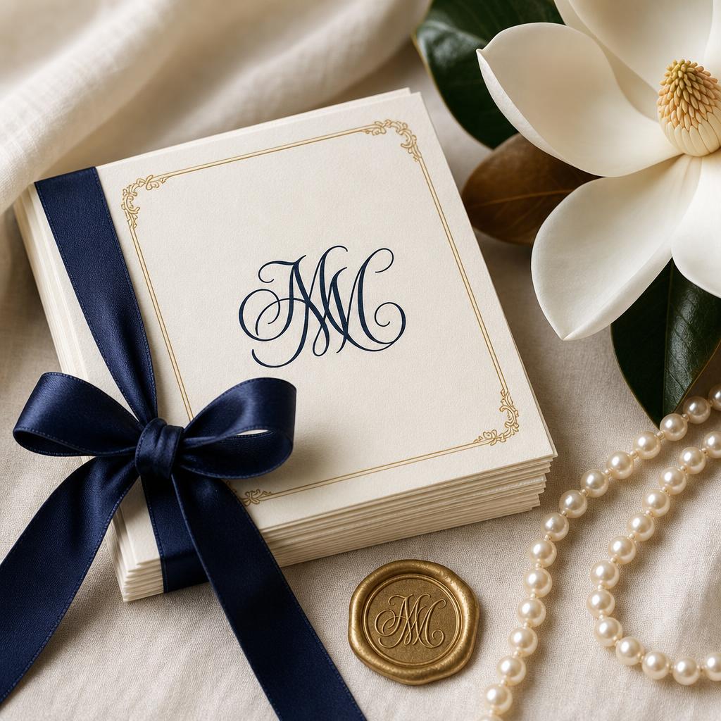 The Notecard Set in Magnolia Cream · Miss Spice Gold