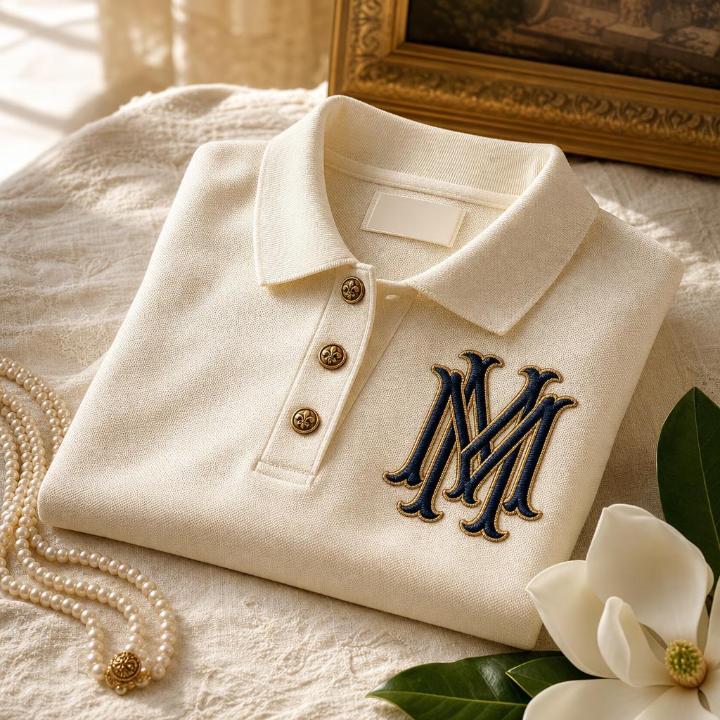 The Pima Polo — Magnolia Cream in Magnolia Cream · Mallon Navy crest