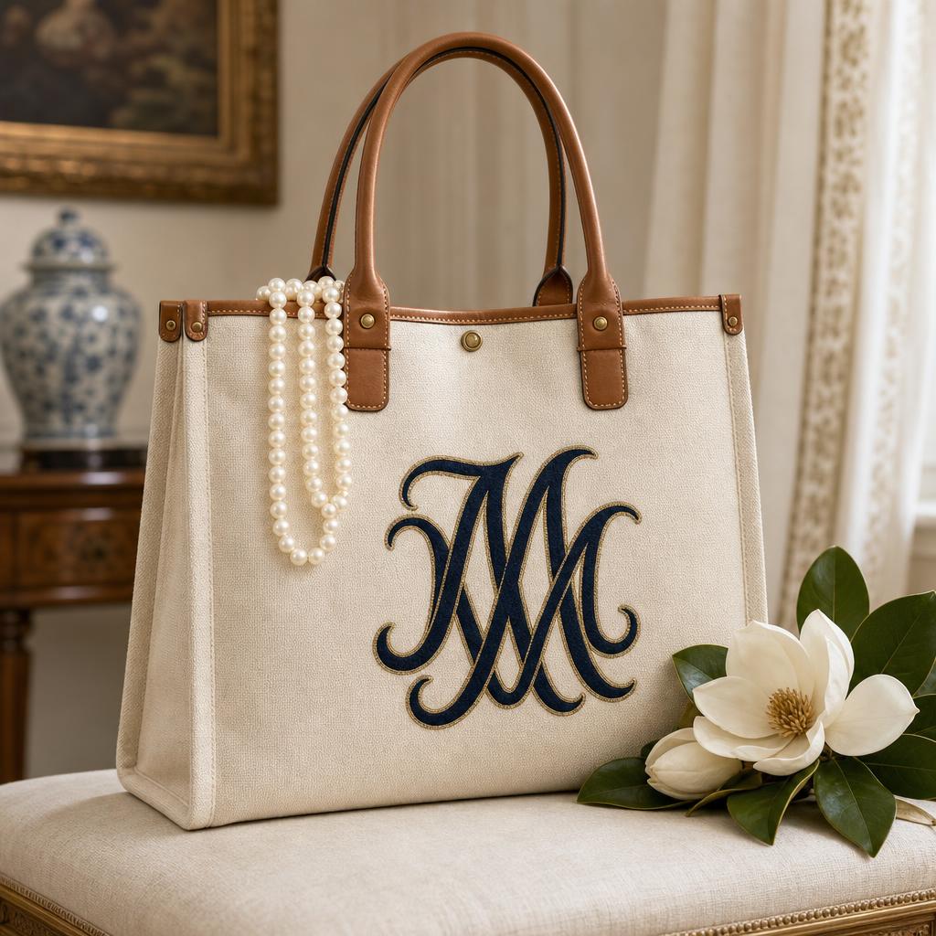 The MM Crest Tote in Magnolia Cream · Mallon Navy